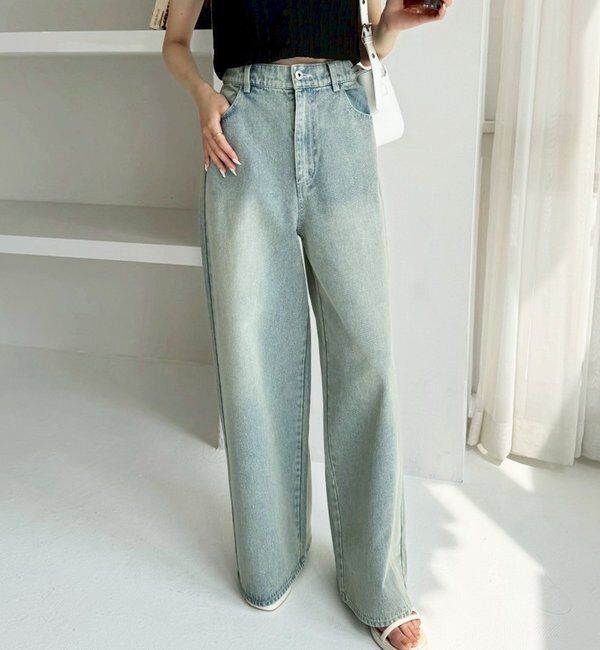  「【ウエストサイズ調整可】美脚ワイドデニム」|その他|ブルー