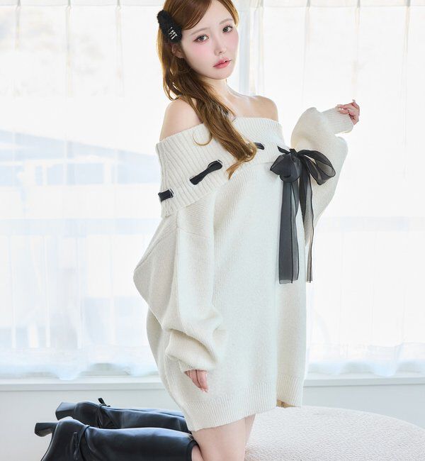  「リボン付きオフショルニットワンピ」|ワンピース|
