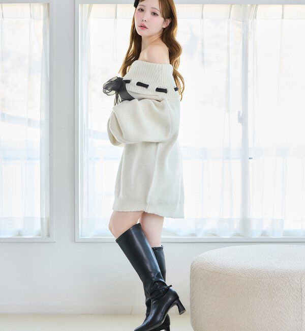  「リボン付きオフショルニットワンピ」|ワンピース|