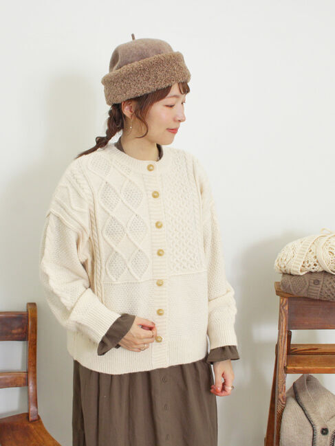 Samansa Mos2「パッチワークケーブル前後2WAYニット」|カーディガン|