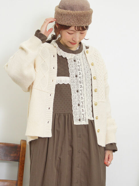 Samansa Mos2「パッチワークケーブル前後2WAYニット」|カーディガン|