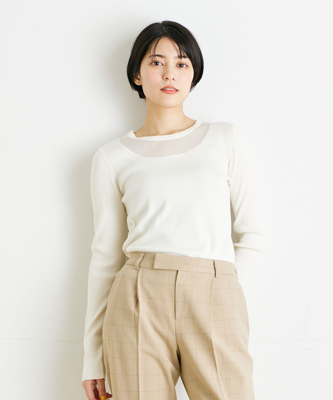 INED「《INED CLARO》シアーネックリブニット」|ニット・セーター|オフホワイト1