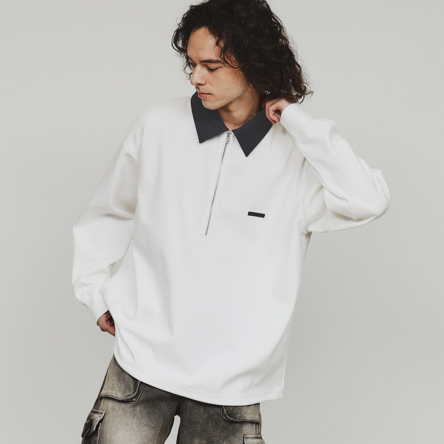 tk.TAKEO KIKUCHI「ルーズハーフジップポロスウェット」|Tシャツ・カットソー|ホワイト(001)