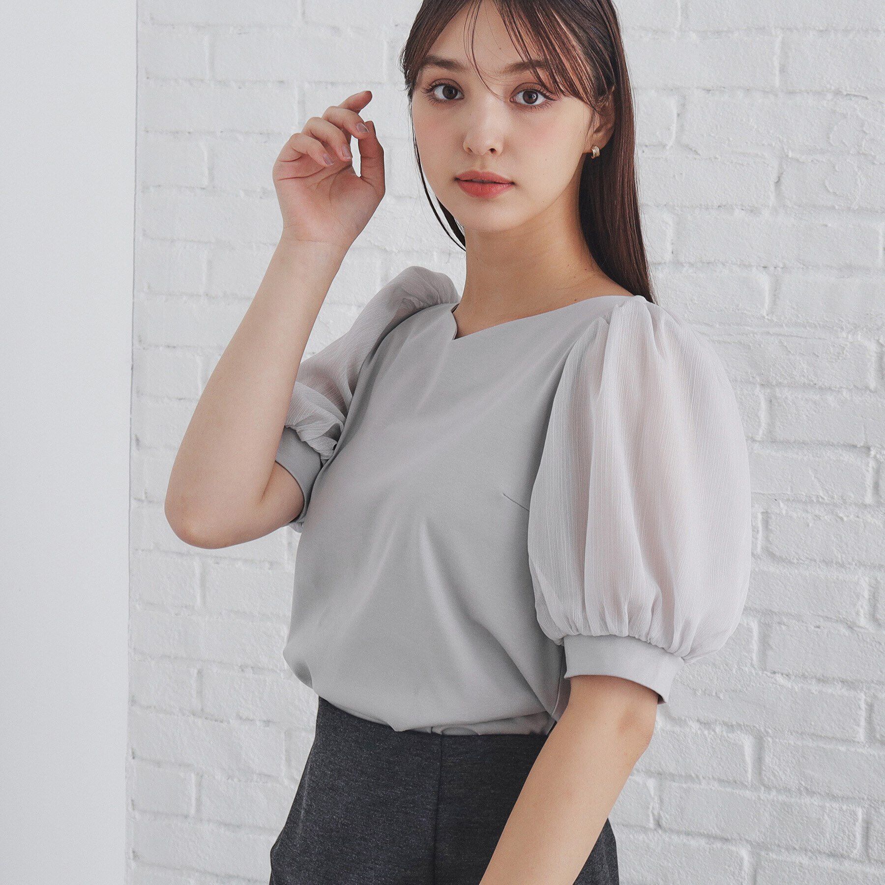 index「シアースリーブハートネックトップス【洗濯機洗い可】」|Tシャツ・カットソー|