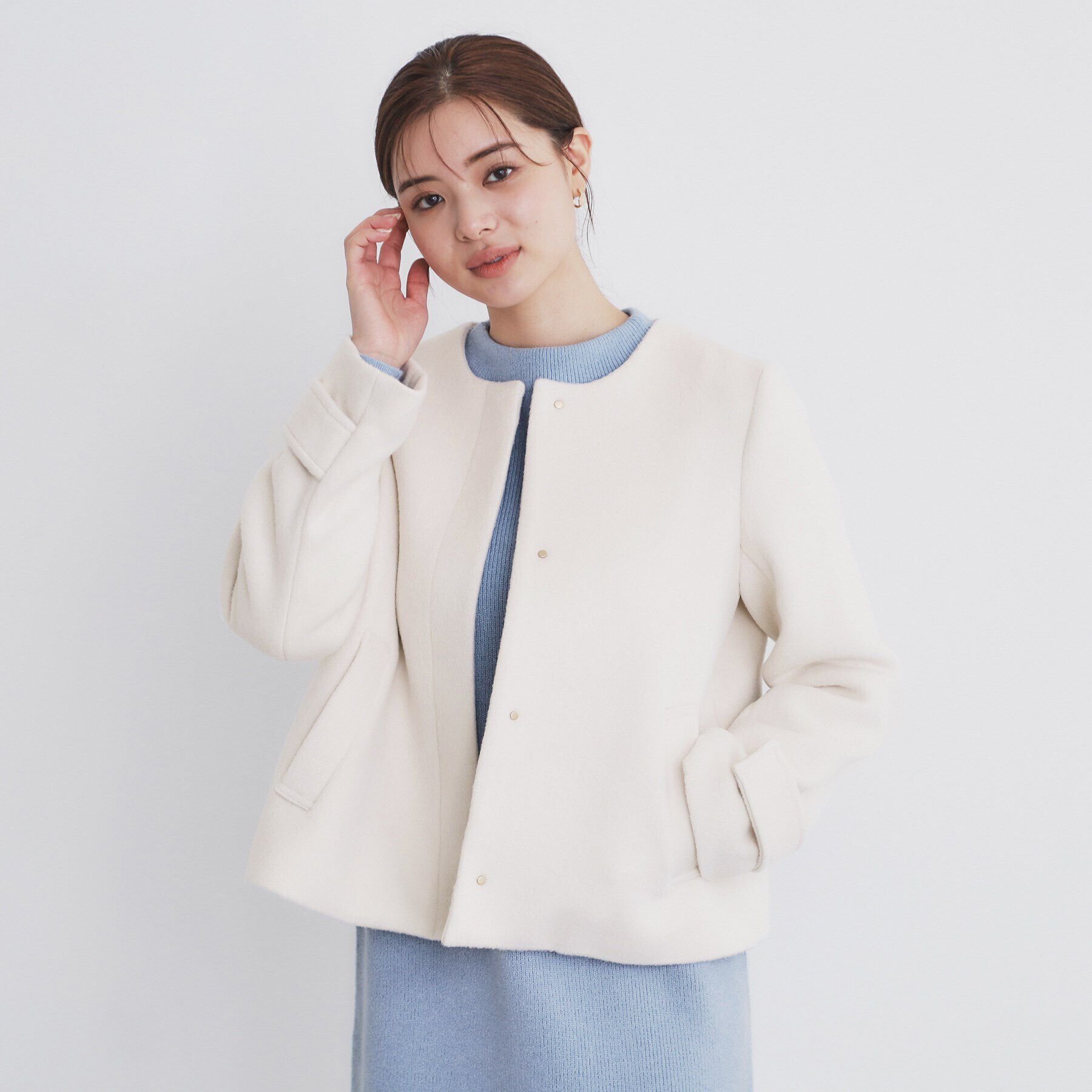 index「《5color/XS-LLsize》ウール混ノーカラーショートコート」|ノーカラーコート|アイボリー(004)