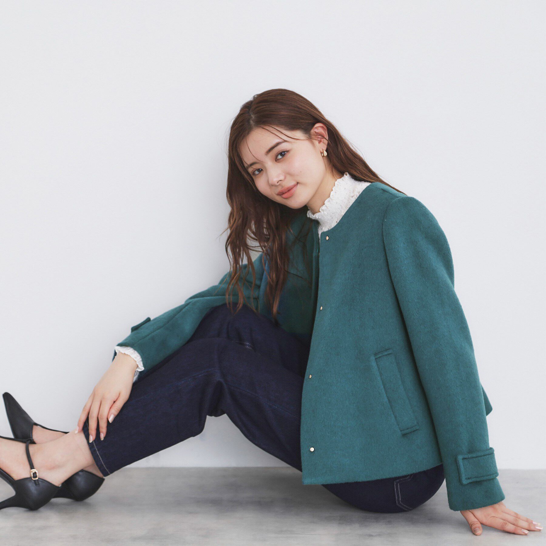 index「《5color/XS-LLsize》ウール混ノーカラーショートコート」|ノーカラーコート|ブルーグリーン(89