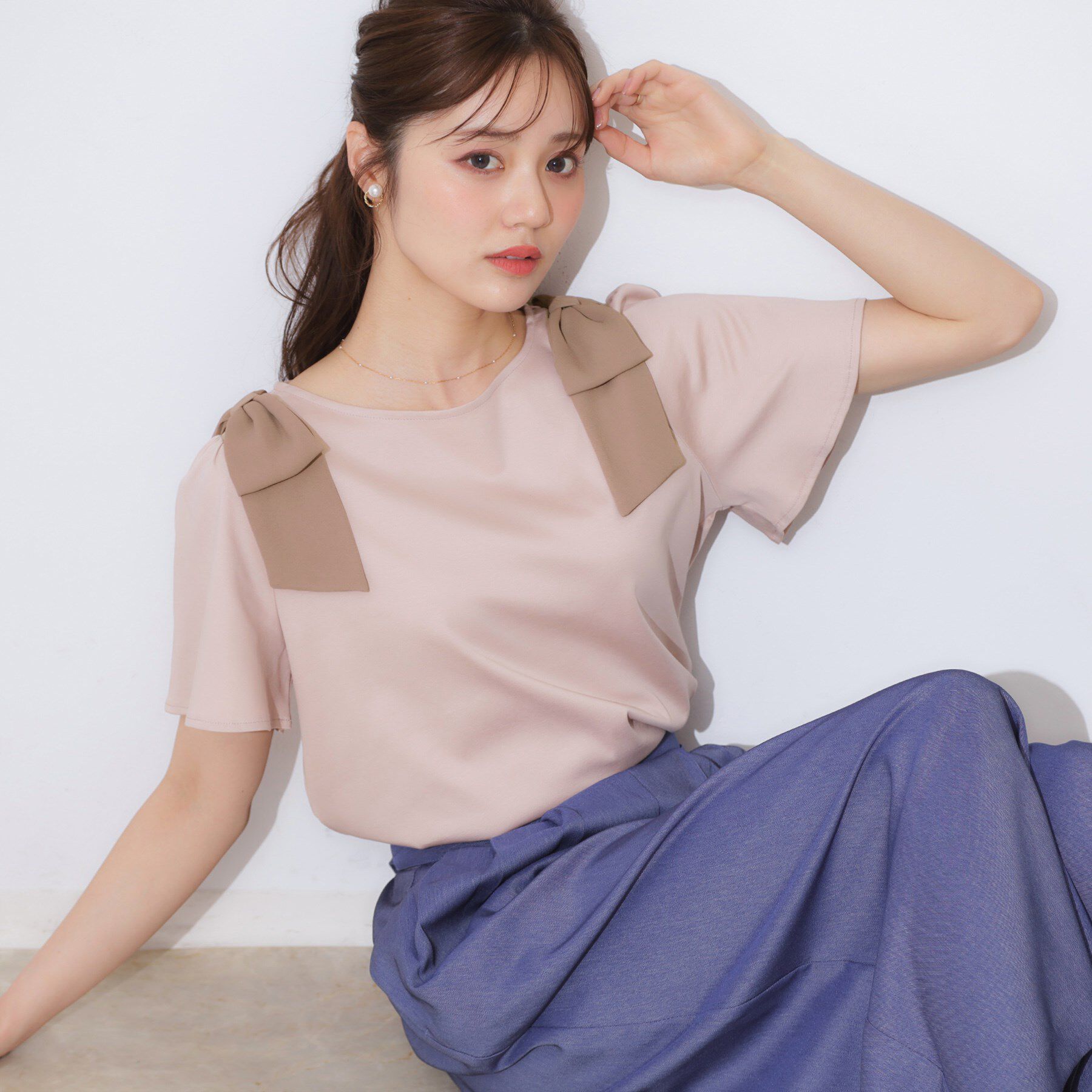 Couture broach「【リボン・マシンウォッシャブル・UV機能・接触冷感】肩リボントップス」|Tシャツ・カットソー|ライトピンク(070