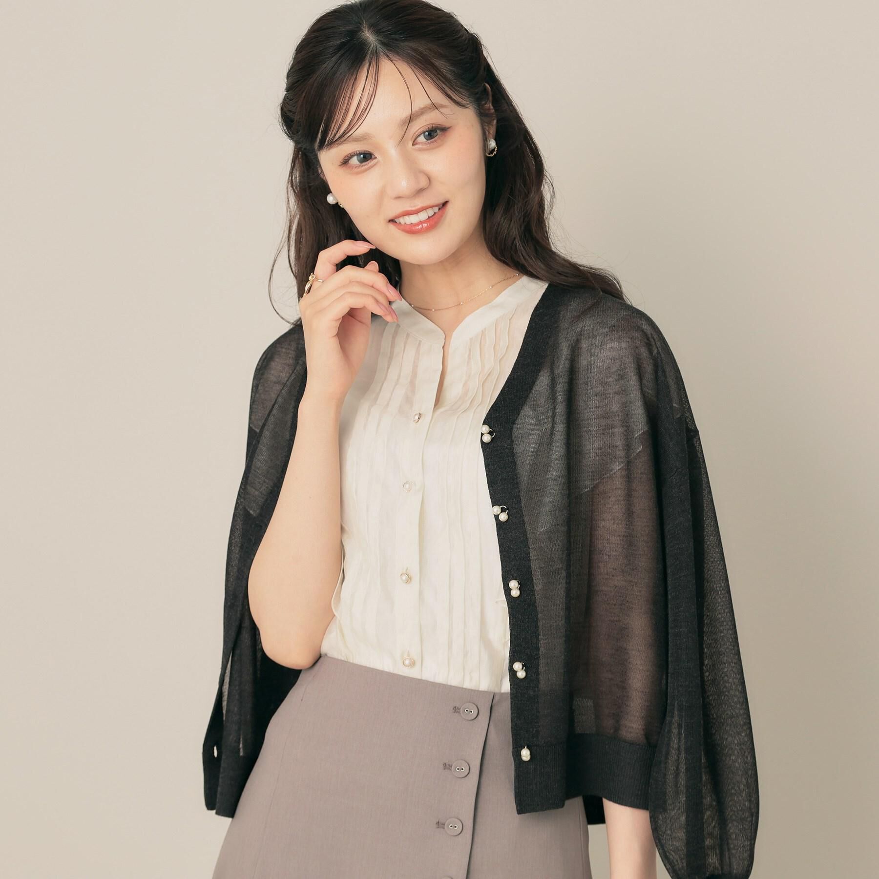 Couture broach「【秋カラー・オシャレな透け感】ダブルパール調シアーカーディガン」|カーディガン|