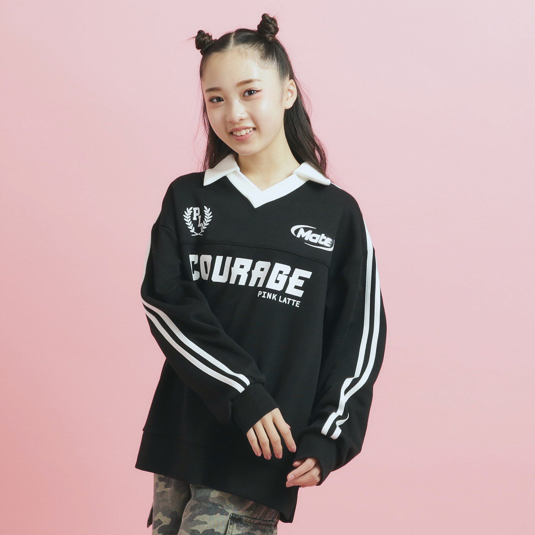 PINK-latte「トレンドVネックゲームシャツ」|Tシャツ・カットソー|ブラック(019)