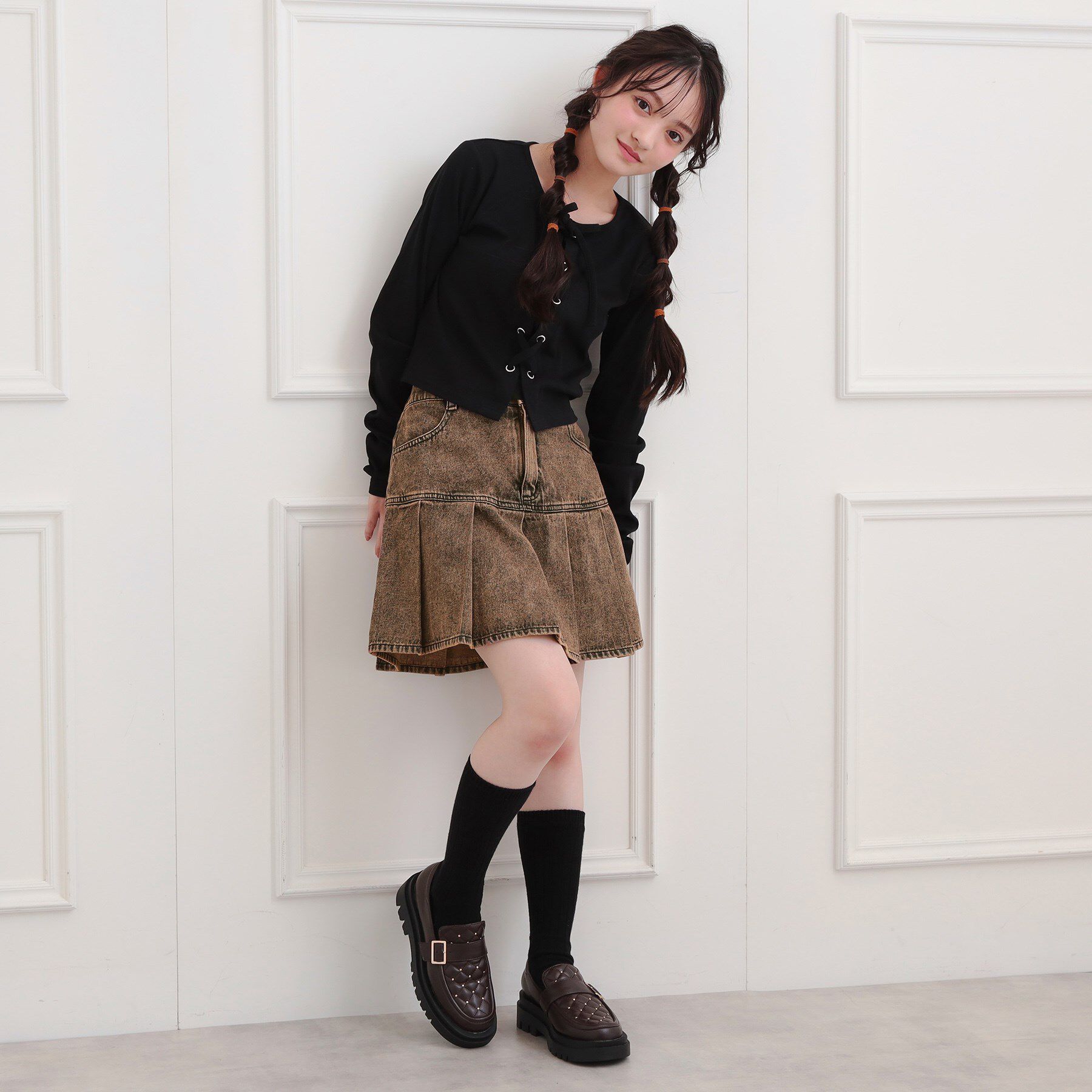 PINK-latte「デニム裾プリーツスカート」|スカート|