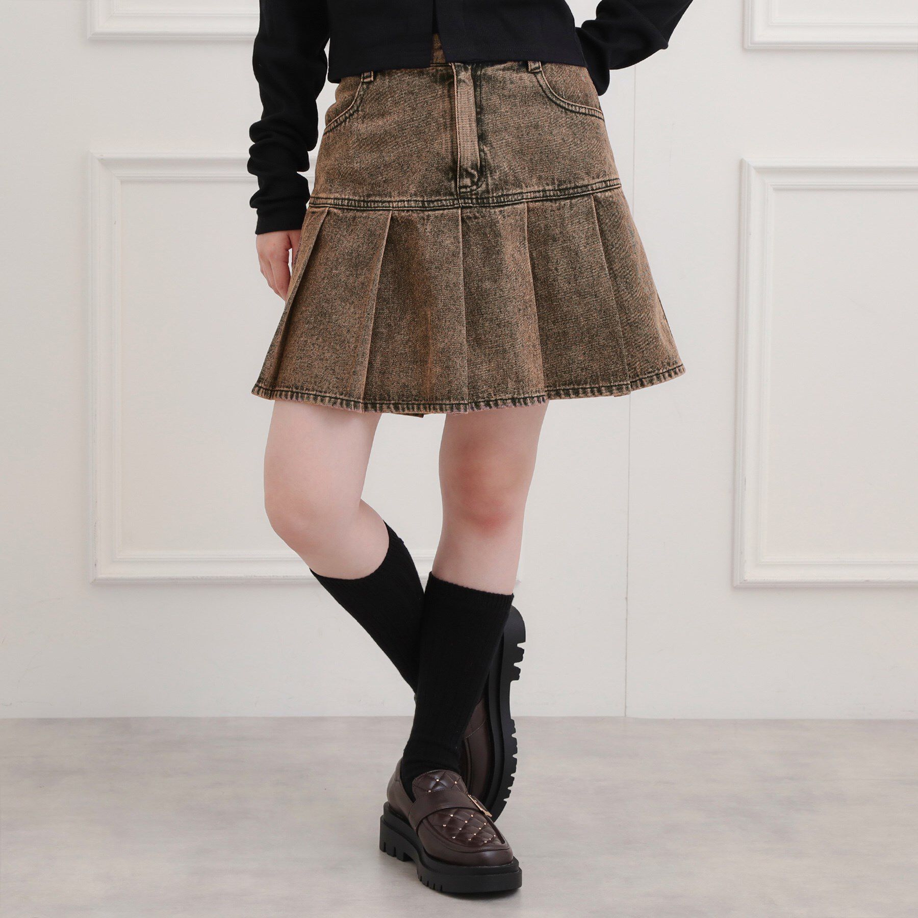 PINK-latte「デニム裾プリーツスカート」|スカート|モカブラウン(442