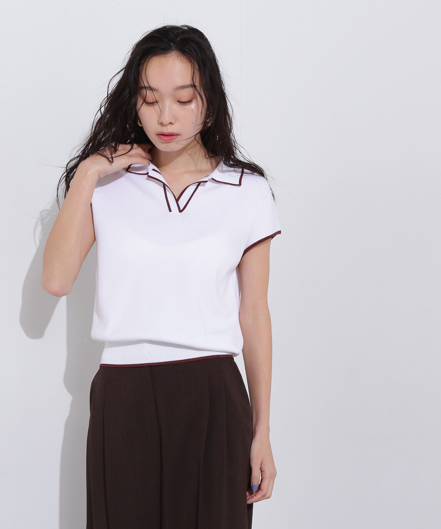  「ラメラインスキッパーポロニット」|ニット・セーター|