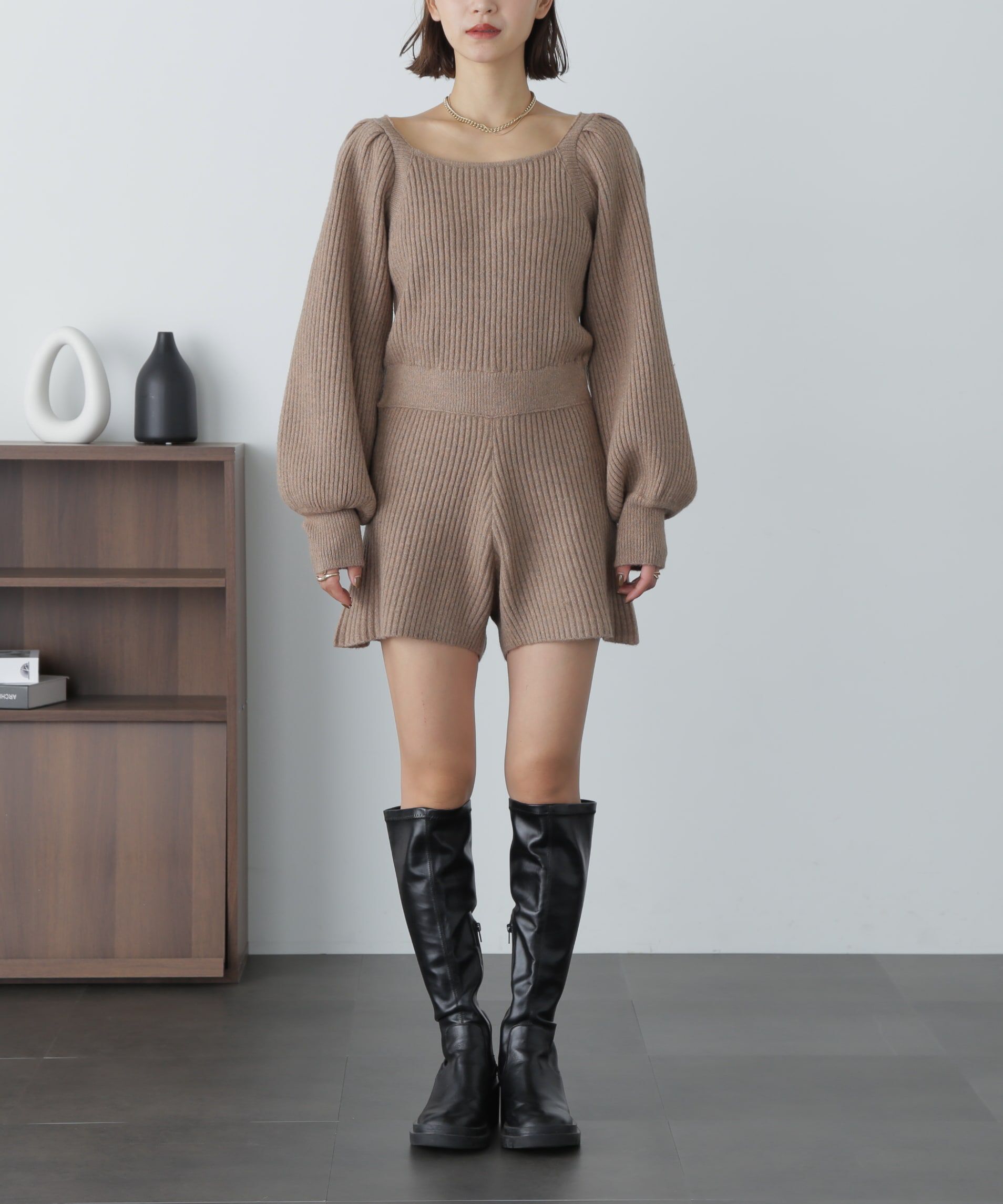  「スクエアネックリブニットロンパース」|ワンピース|