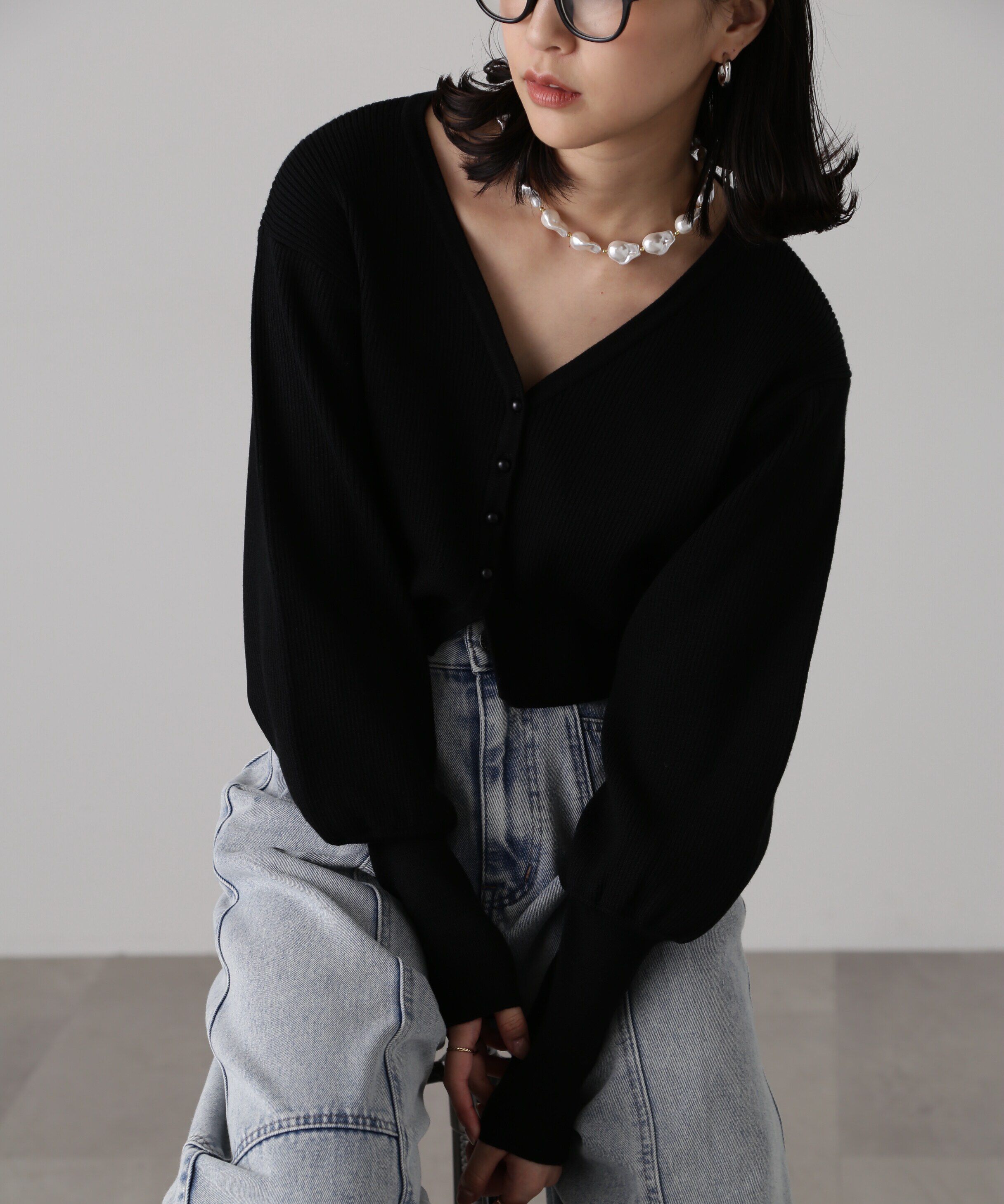  「［セットアップ対応］リブニットカーディガン」|ニット・セーター|ブラック