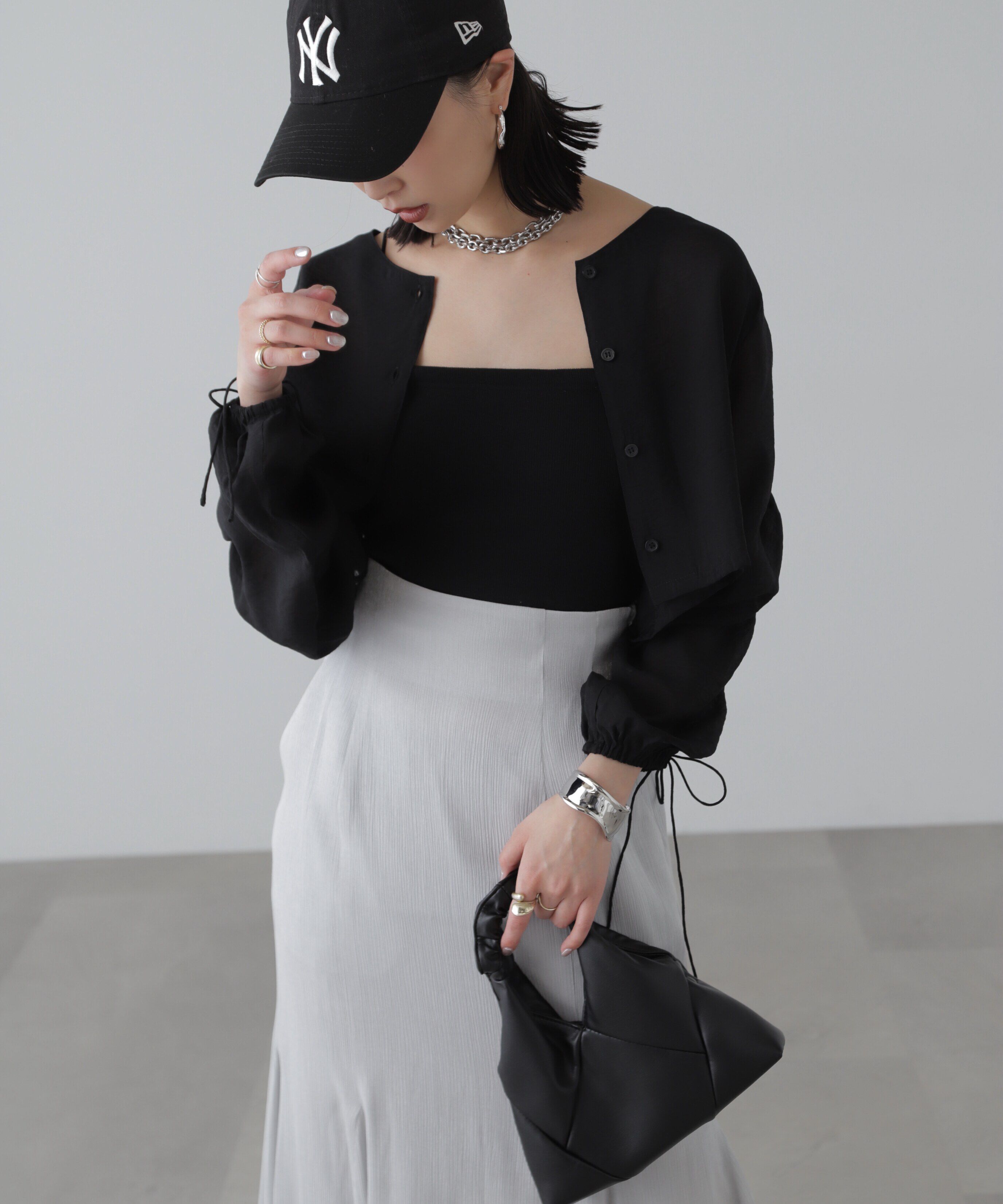  「［グレーカラーWEB限定］袖ドロストギャザーボレロ」|シャツ・ブラウス|