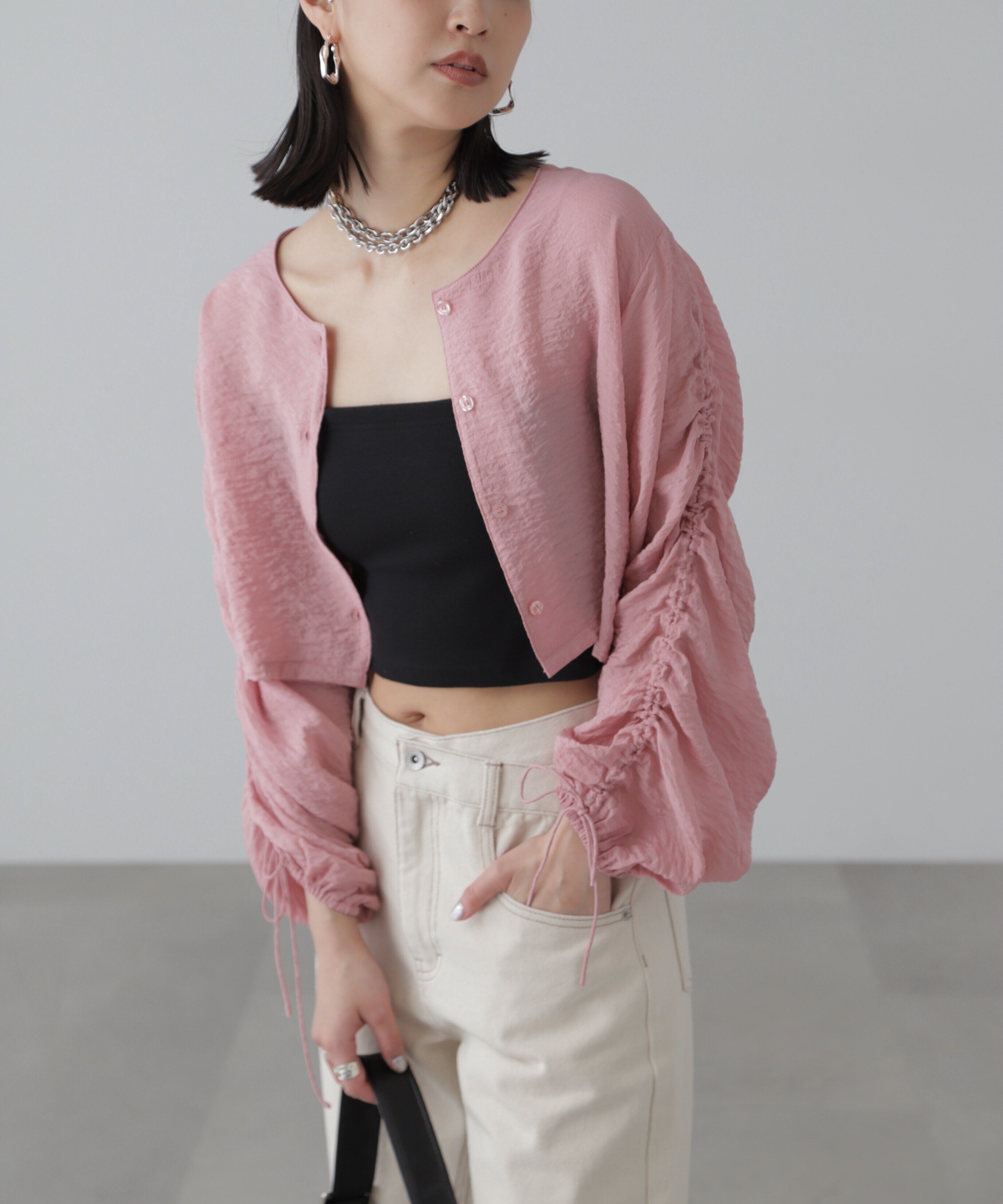  「［グレーカラーWEB限定］袖ドロストギャザーボレロ」|シャツ・ブラウス|