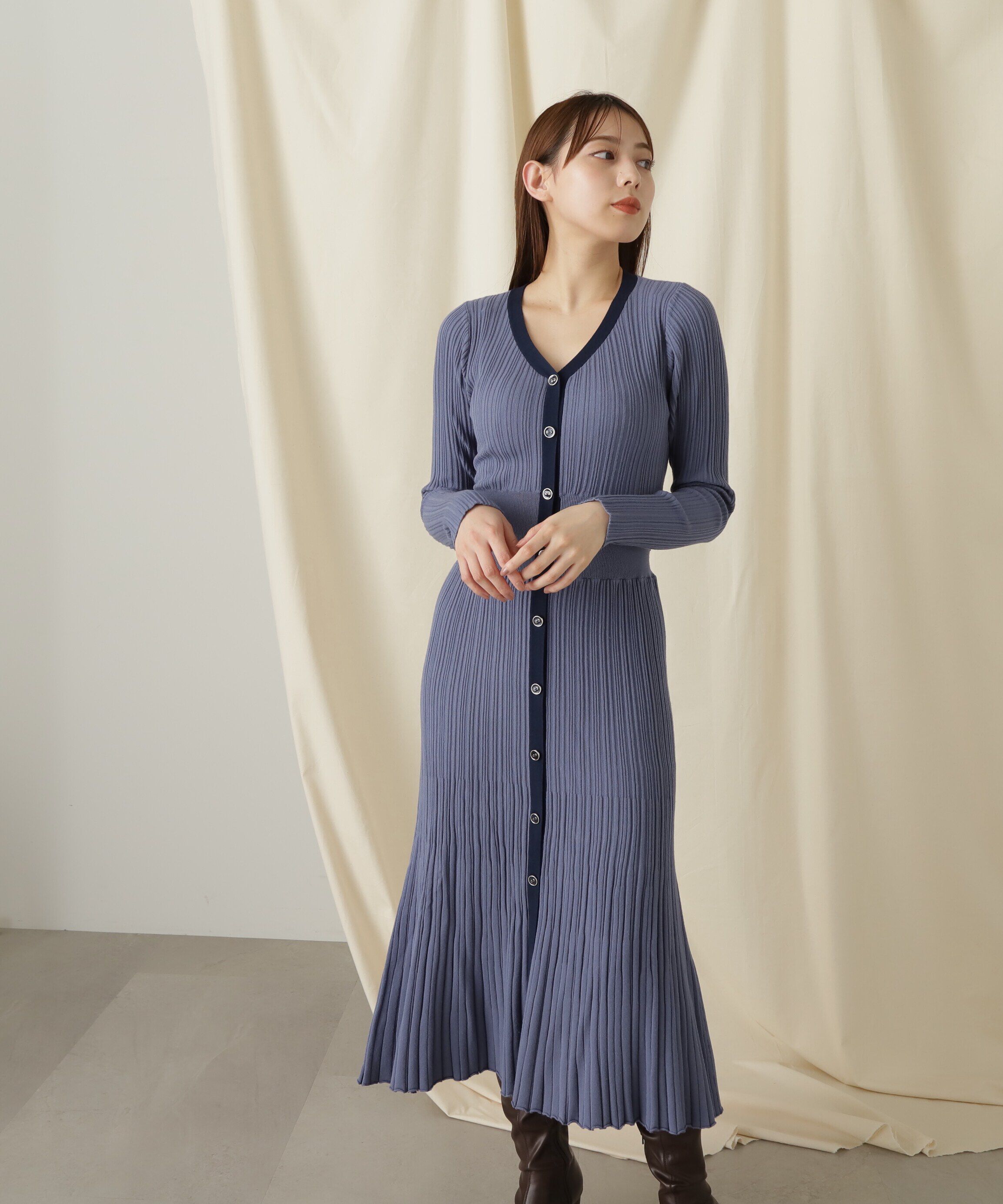  「バックリボンリブニットワンピース」|ワンピース|