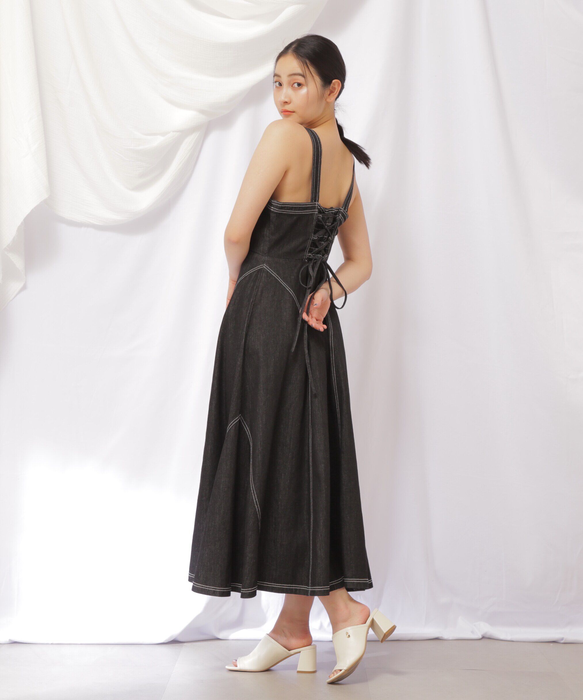  「レースアップデニムワンピース」|ワンピース|