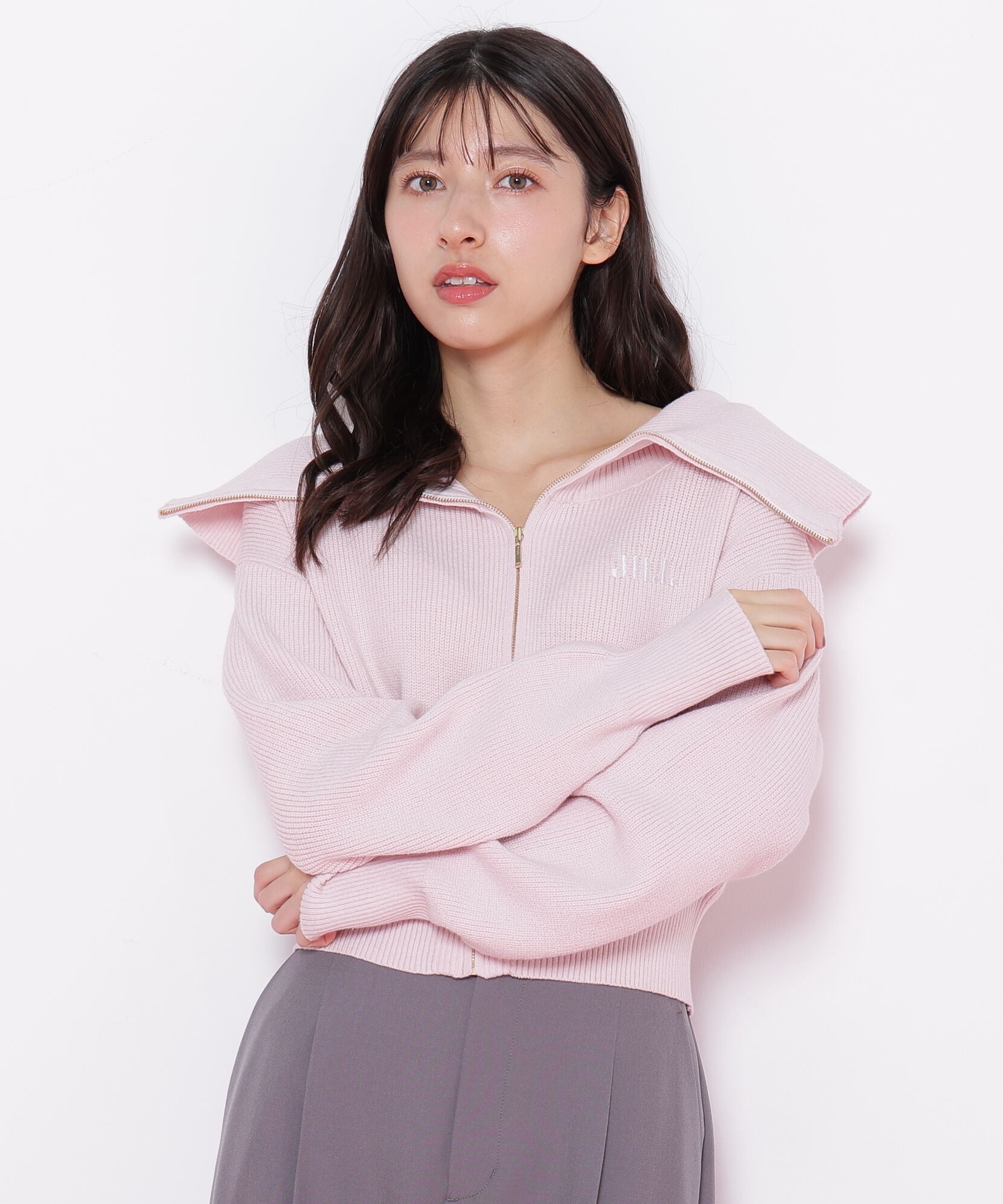  「ビッグカラージップニット」|ニット・セーター|ピンク