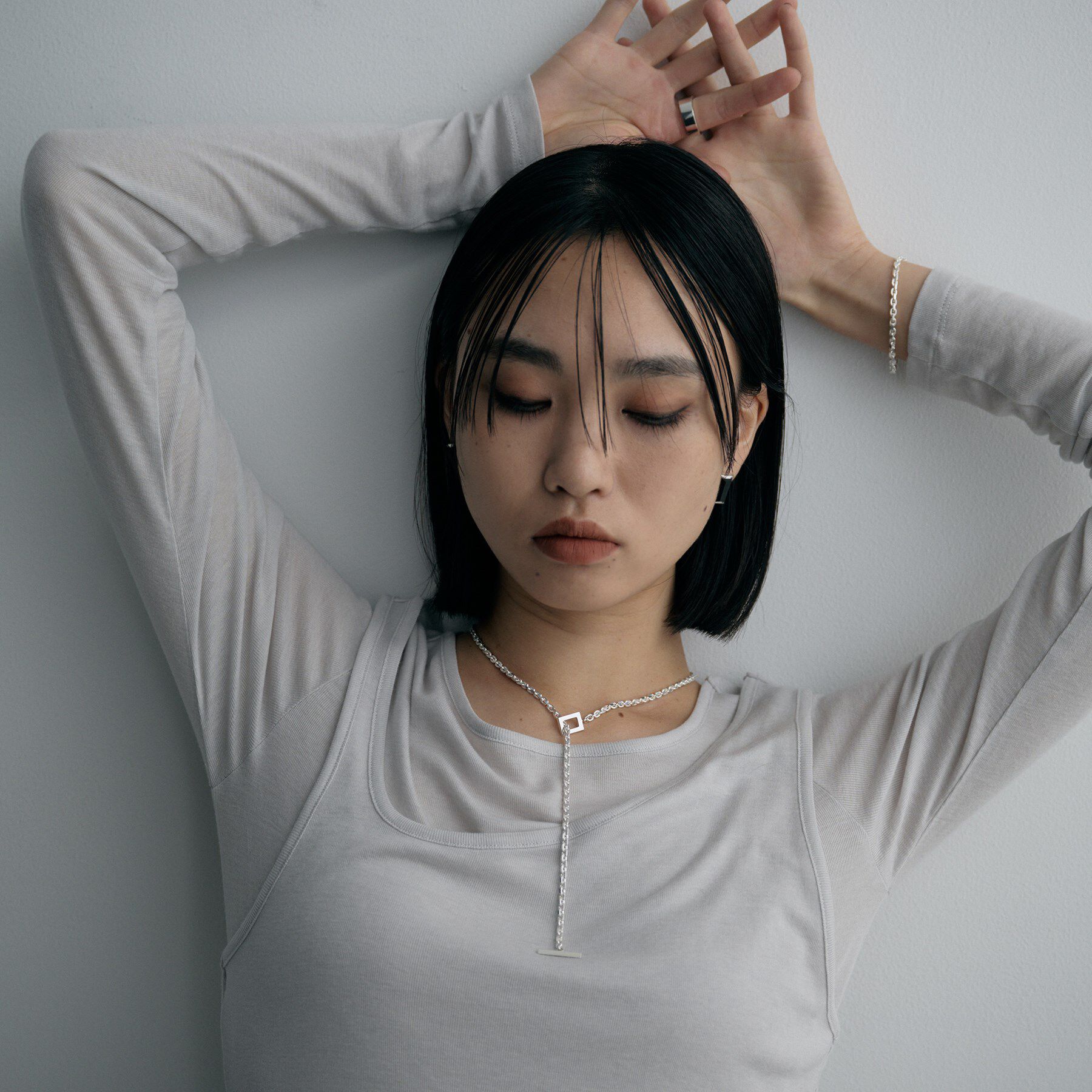 COCOSHNIK ONKITSCH「シルバー カットケーブルチェーン レクタングルマンテルネックレス（55cm）」|ネックレス|