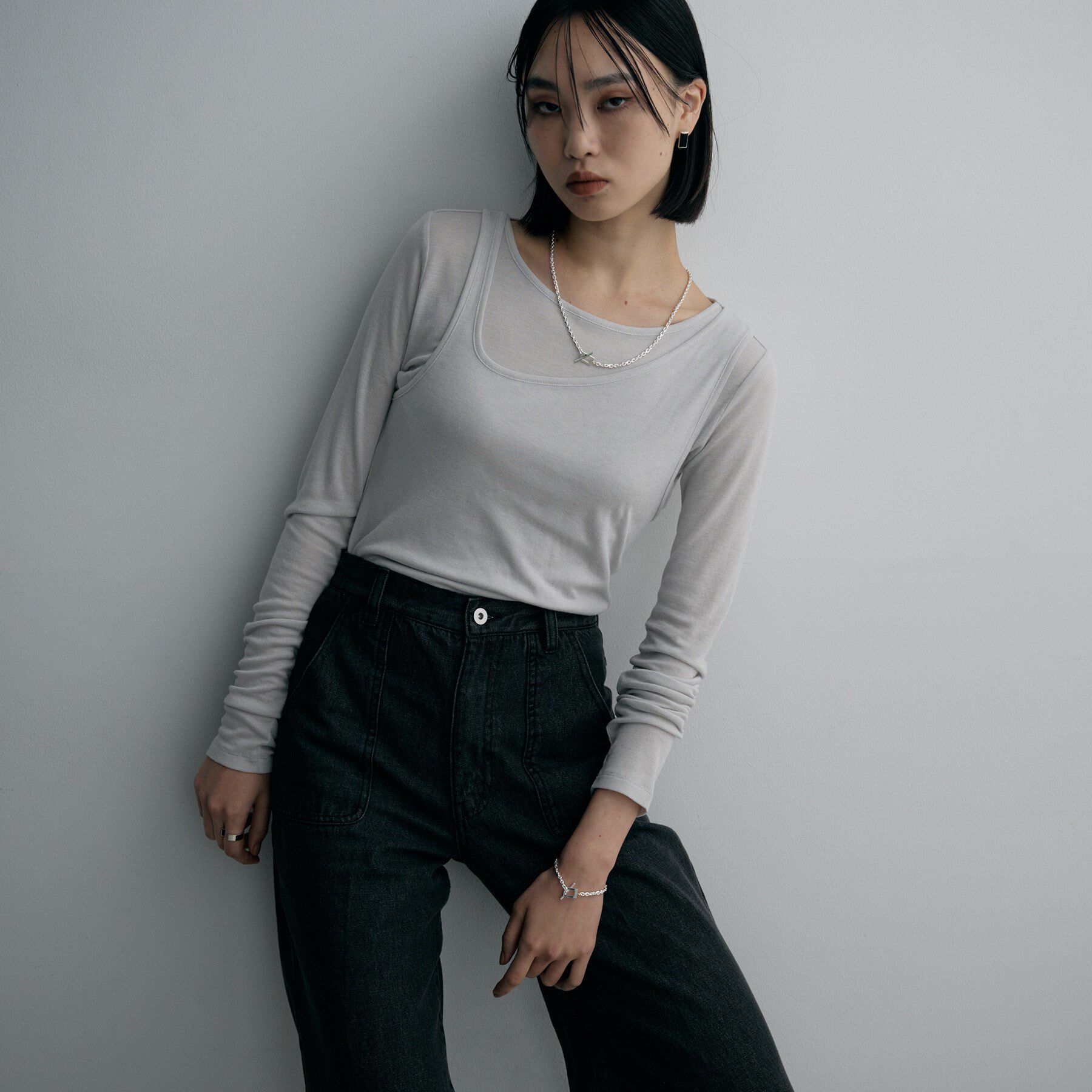 COCOSHNIK ONKITSCH「シルバー カットケーブルチェーン レクタングルマンテルネックレス（55cm）」|ネックレス|