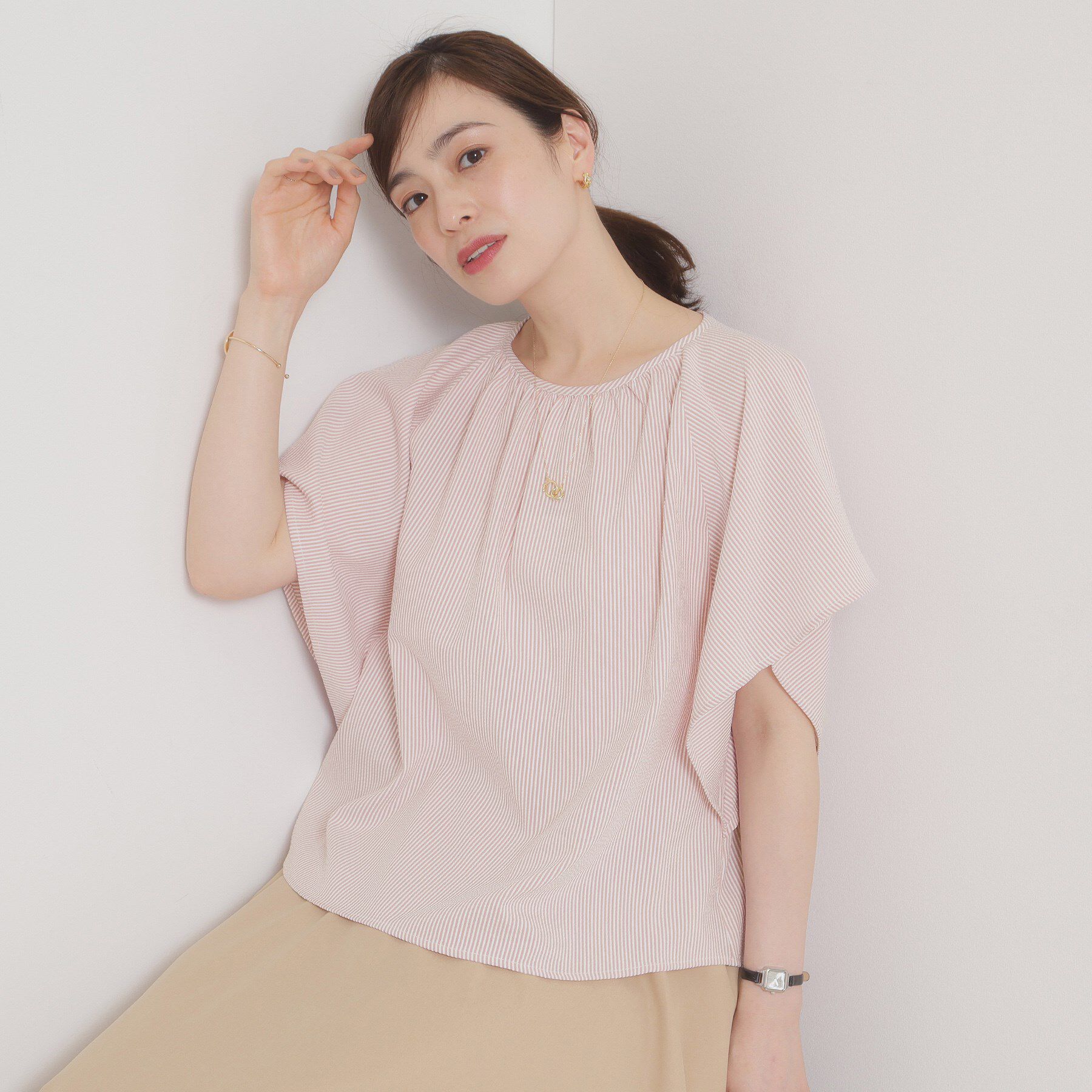 ITS&rsquo;DEMO「【清涼感／手洗い可】サッカーストライプブラウス」|シャツ・ブラウス|ピンク(371)