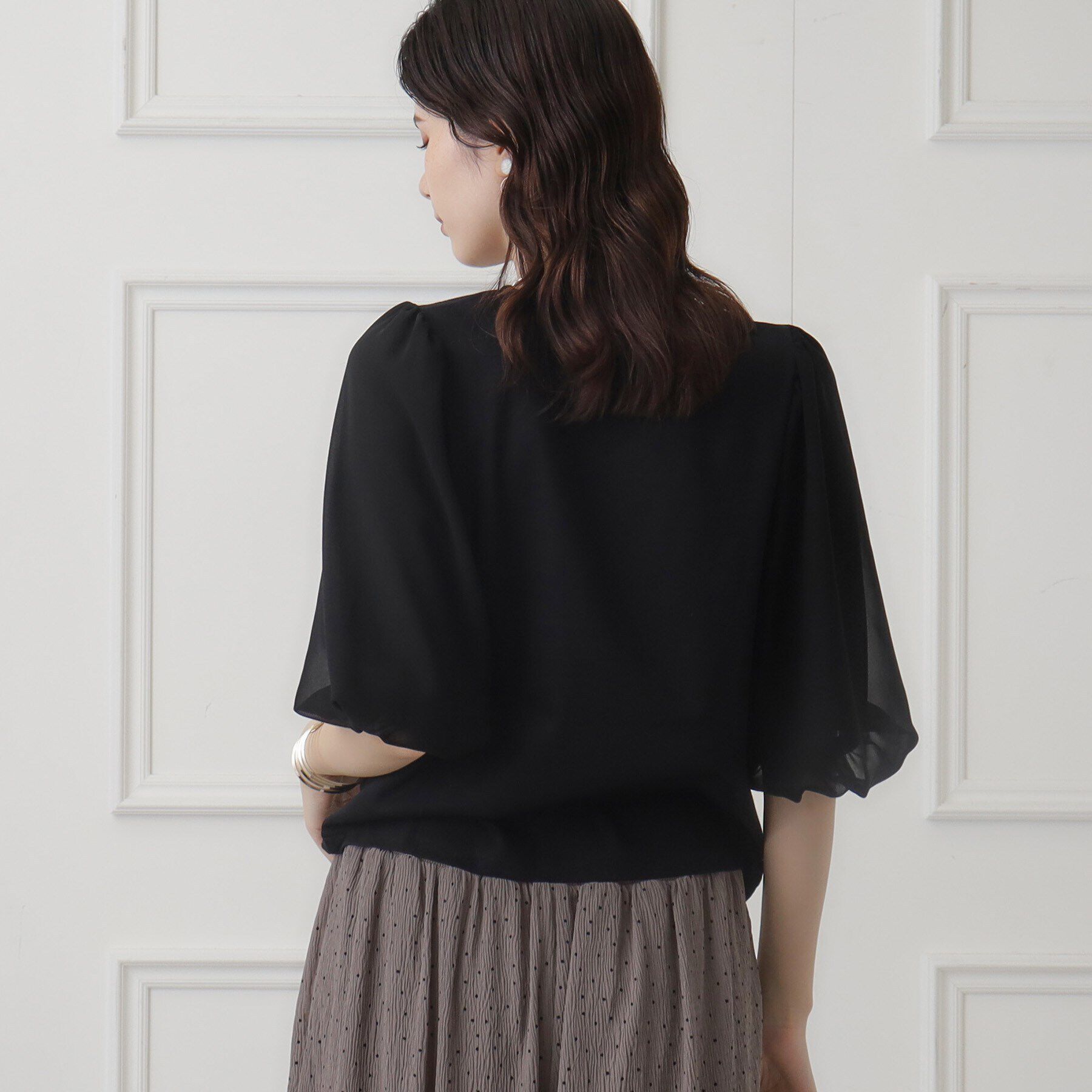 SunaUna「【華やか見え!／袖シフォン】7分袖パフスリーブカットソー」|Tシャツ・カットソー|