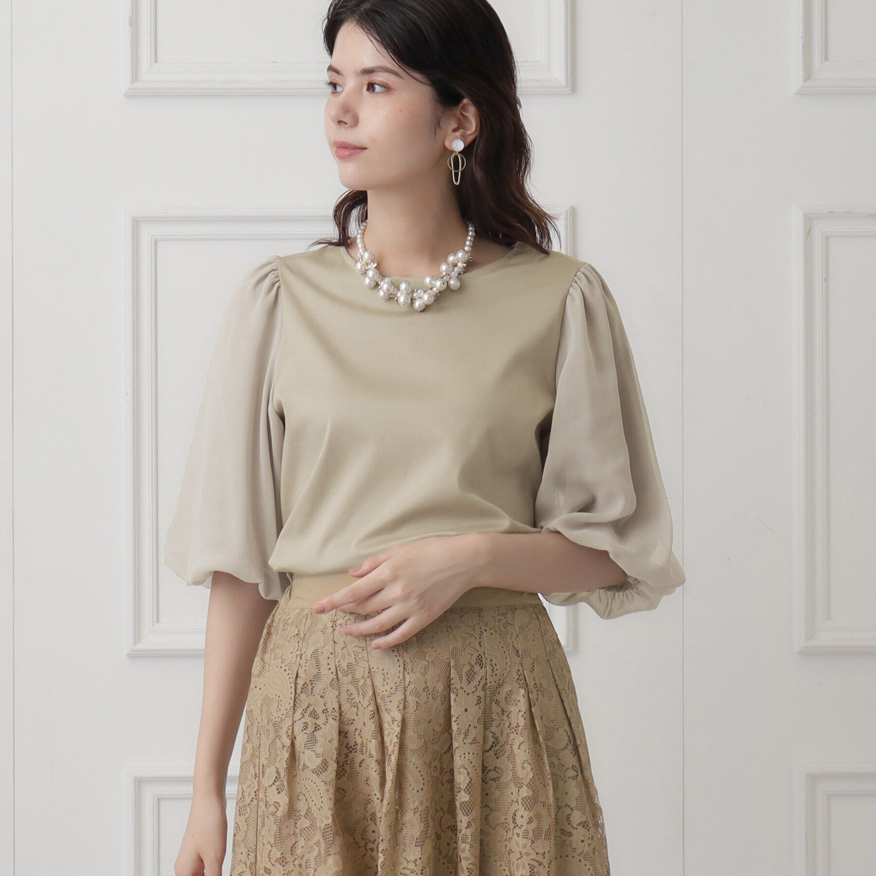 SunaUna「【華やか見え!／袖シフォン】7分袖パフスリーブカットソー」|Tシャツ・カットソー|