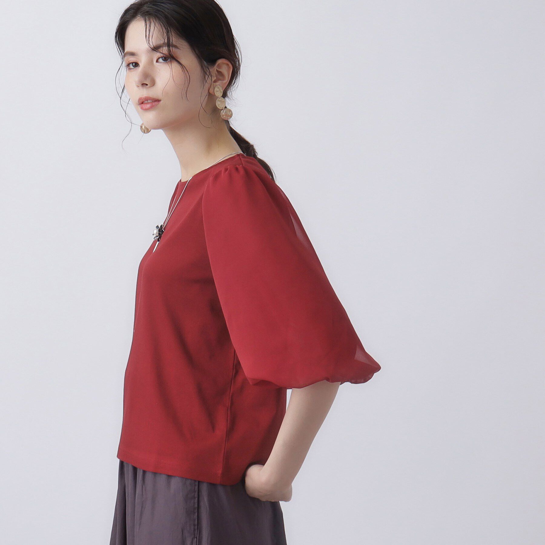 SunaUna「【華やか見え!／袖シフォン】7分袖パフスリーブカットソー」|Tシャツ・カットソー|