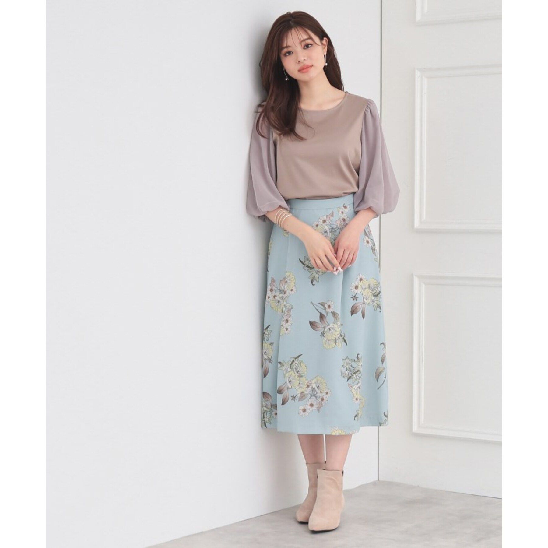 SunaUna「【華やか見え!／袖シフォン】7分袖パフスリーブカットソー」|Tシャツ・カットソー|