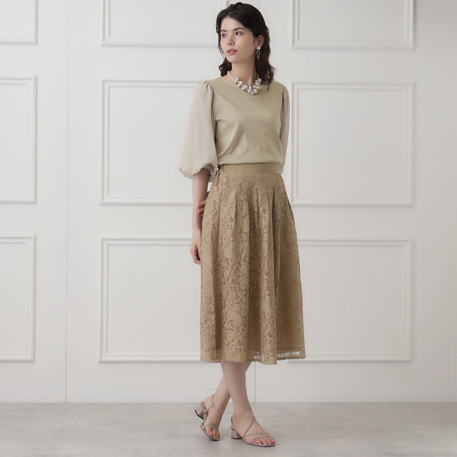 SunaUna「【華やか見え!／袖シフォン】7分袖パフスリーブカットソー」|Tシャツ・カットソー|