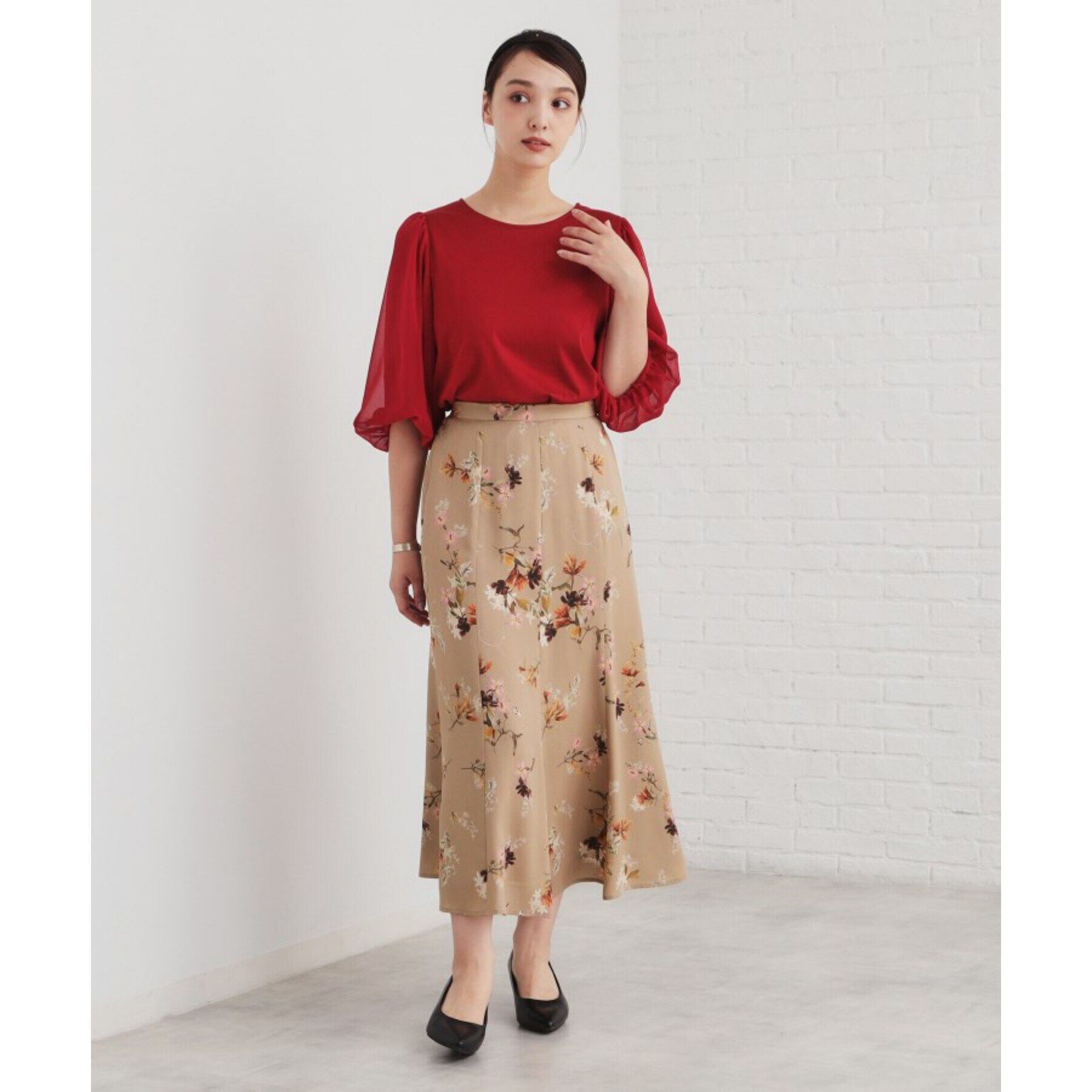 SunaUna「【華やか見え!／袖シフォン】7分袖パフスリーブカットソー」|Tシャツ・カットソー|