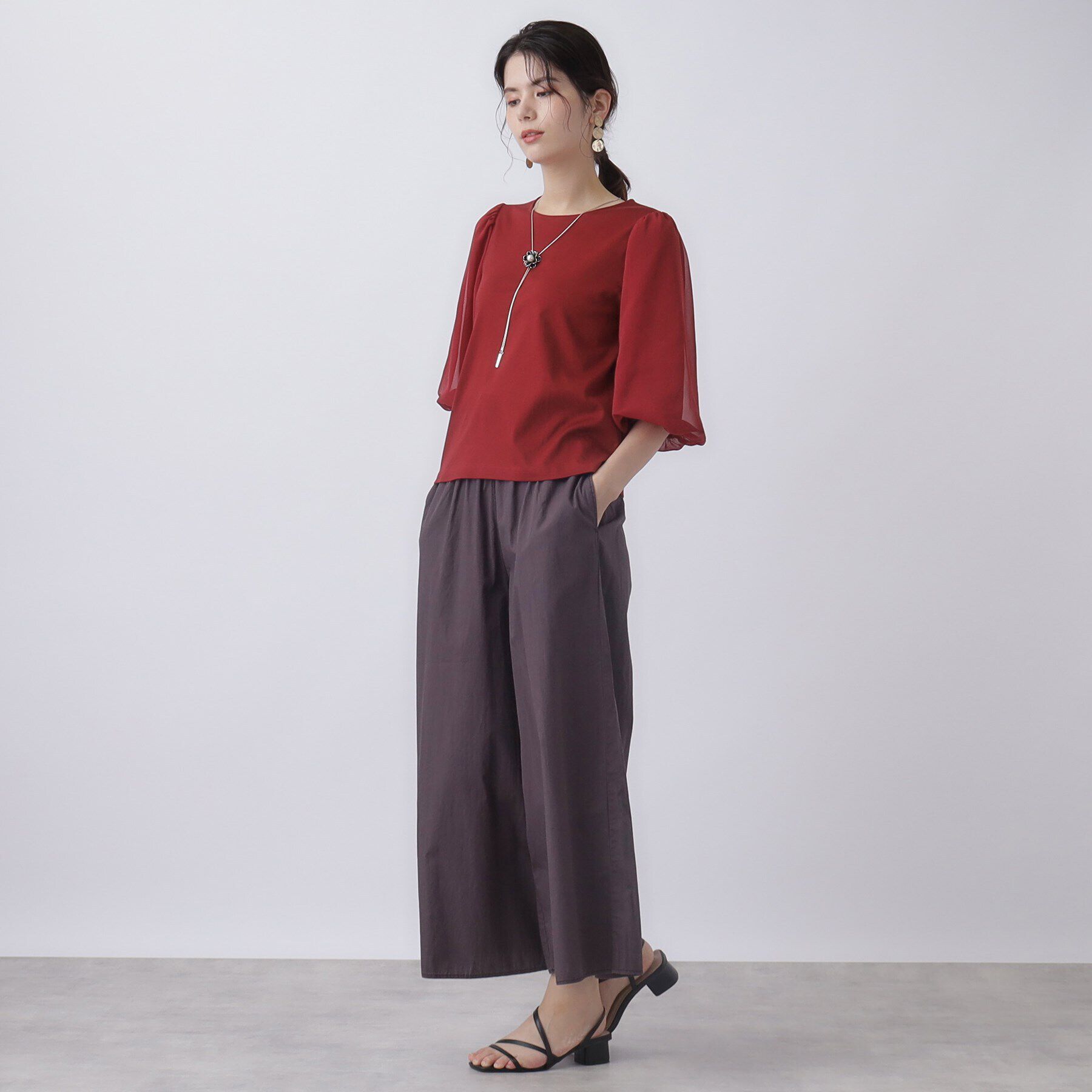 SunaUna「【華やか見え!／袖シフォン】7分袖パフスリーブカットソー」|Tシャツ・カットソー|