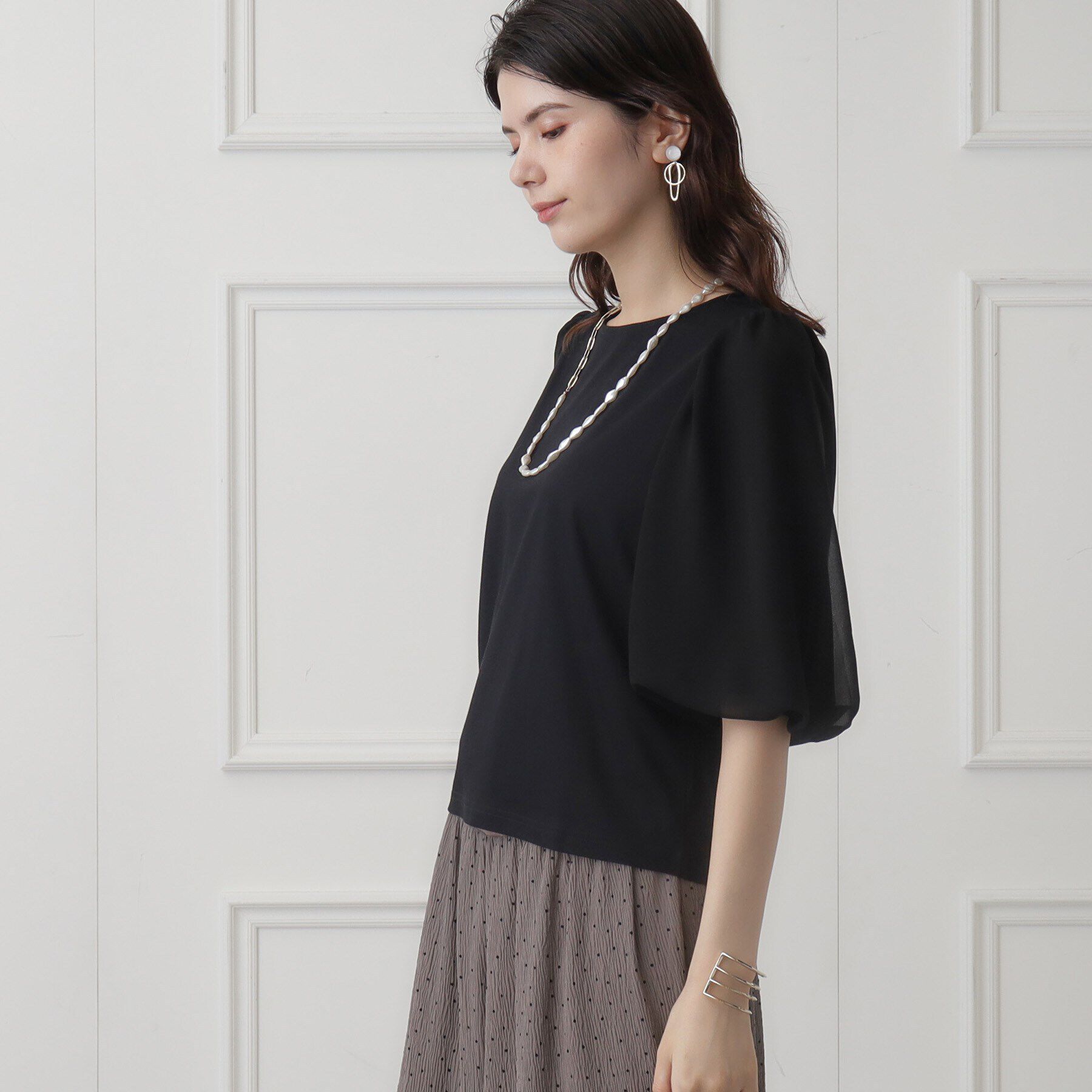 SunaUna「【華やか見え!／袖シフォン】7分袖パフスリーブカットソー」|Tシャツ・カットソー|