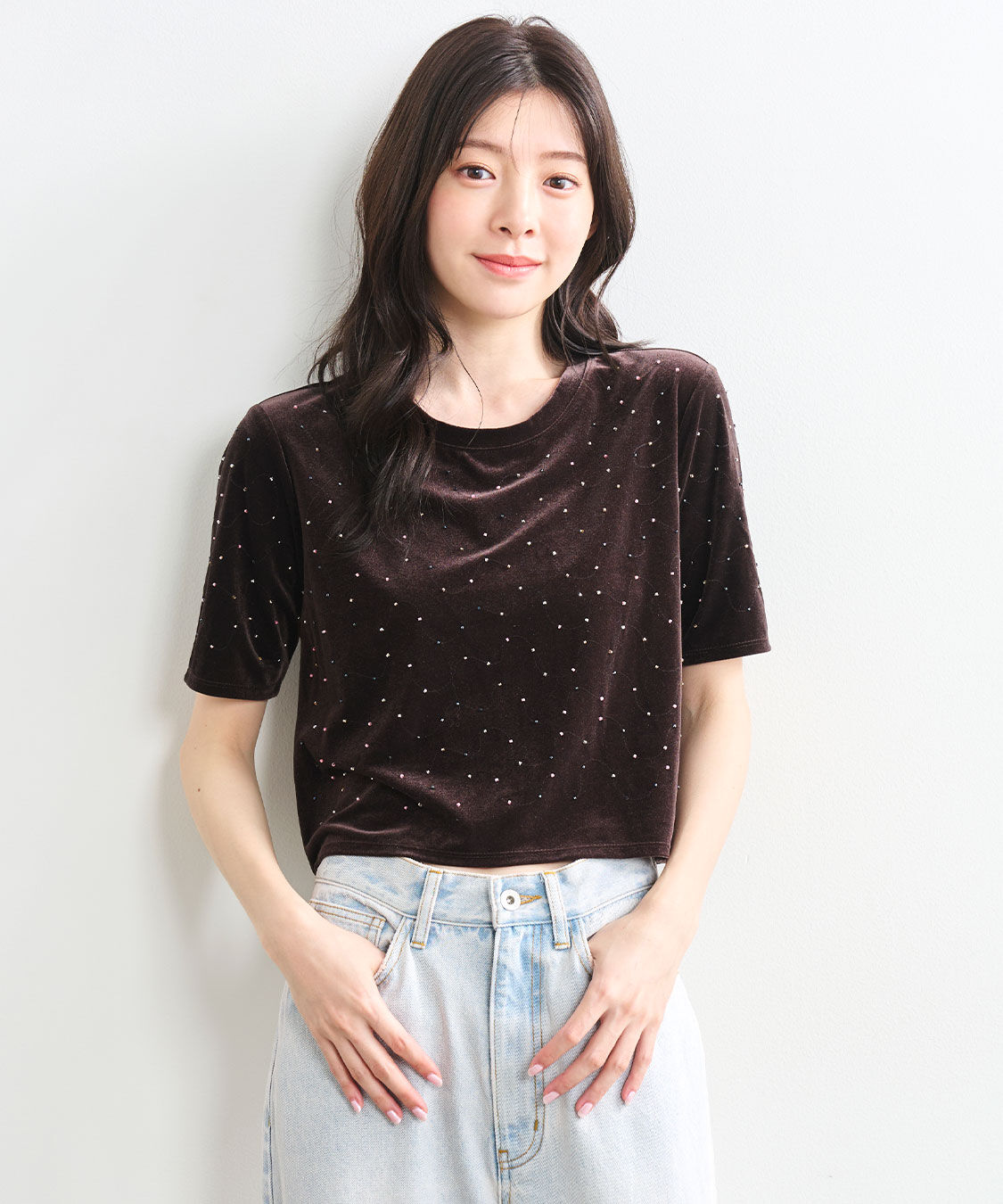 COCO DEAL「ビーズ刺繍ベロアTシャツ」|Tシャツ・カットソー|ブラウン