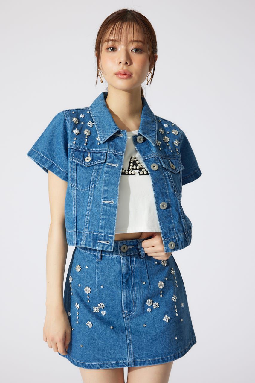 rienda「ミックスフラワービジュージャストウエストデニムスカート」|スカート|