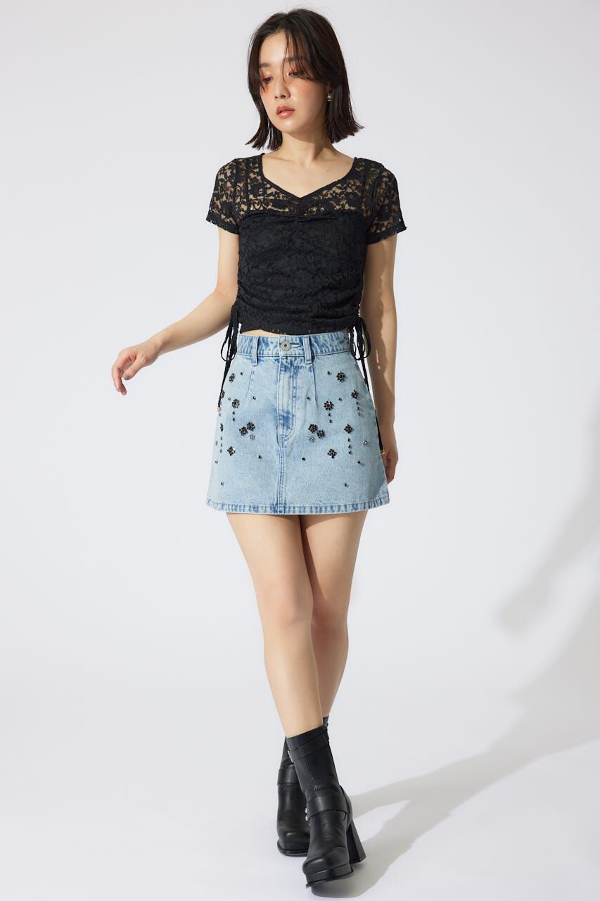 rienda「ミックスフラワービジュージャストウエストデニムスカート」|スカート|