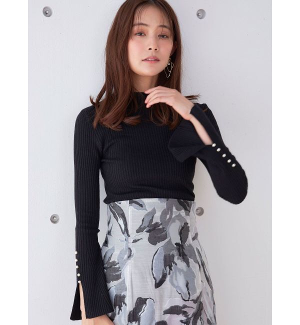 MERCURYDUO「パール付きフレアスリーブリブニット」|ニット・セーター|ブラック