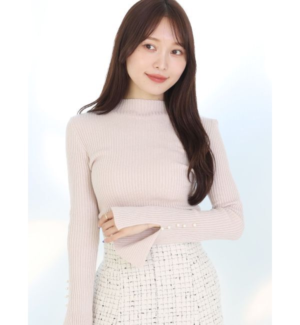 MERCURYDUO「パール付きフレアスリーブリブニット」|ニット・セーター|ベージュ