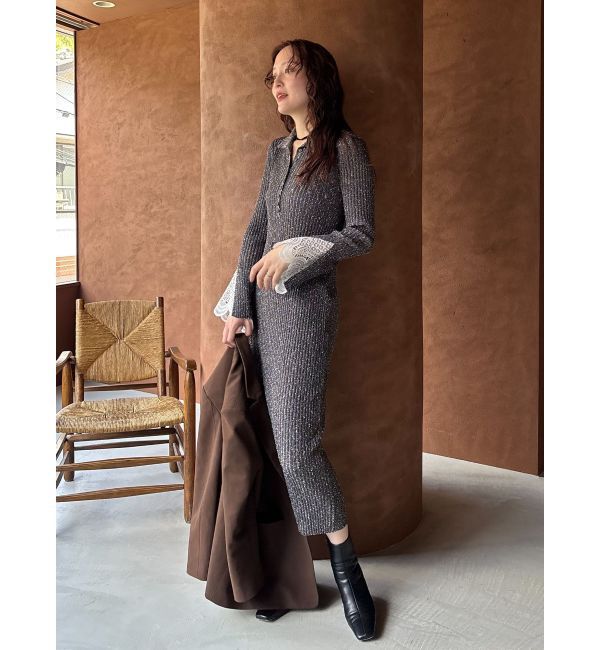 LAGUNAMOON「【WEB限定カラーあり】レーススリーブネップリブニットワンピース」|ワンピース|