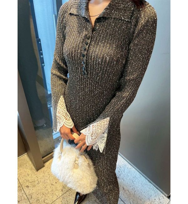 LAGUNAMOON「【WEB限定カラーあり】レーススリーブネップリブニットワンピース」|ワンピース|