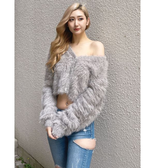 GYDA「シャギーニットショートカーディガン」|カーディガン|グレー