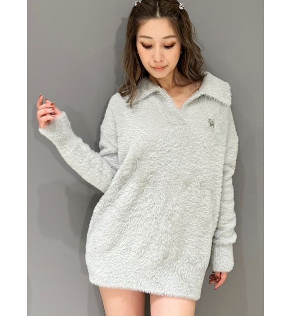 GYDA「GYGYプレートシャギーポロニットチュニック」|ニット・セーター|グレー