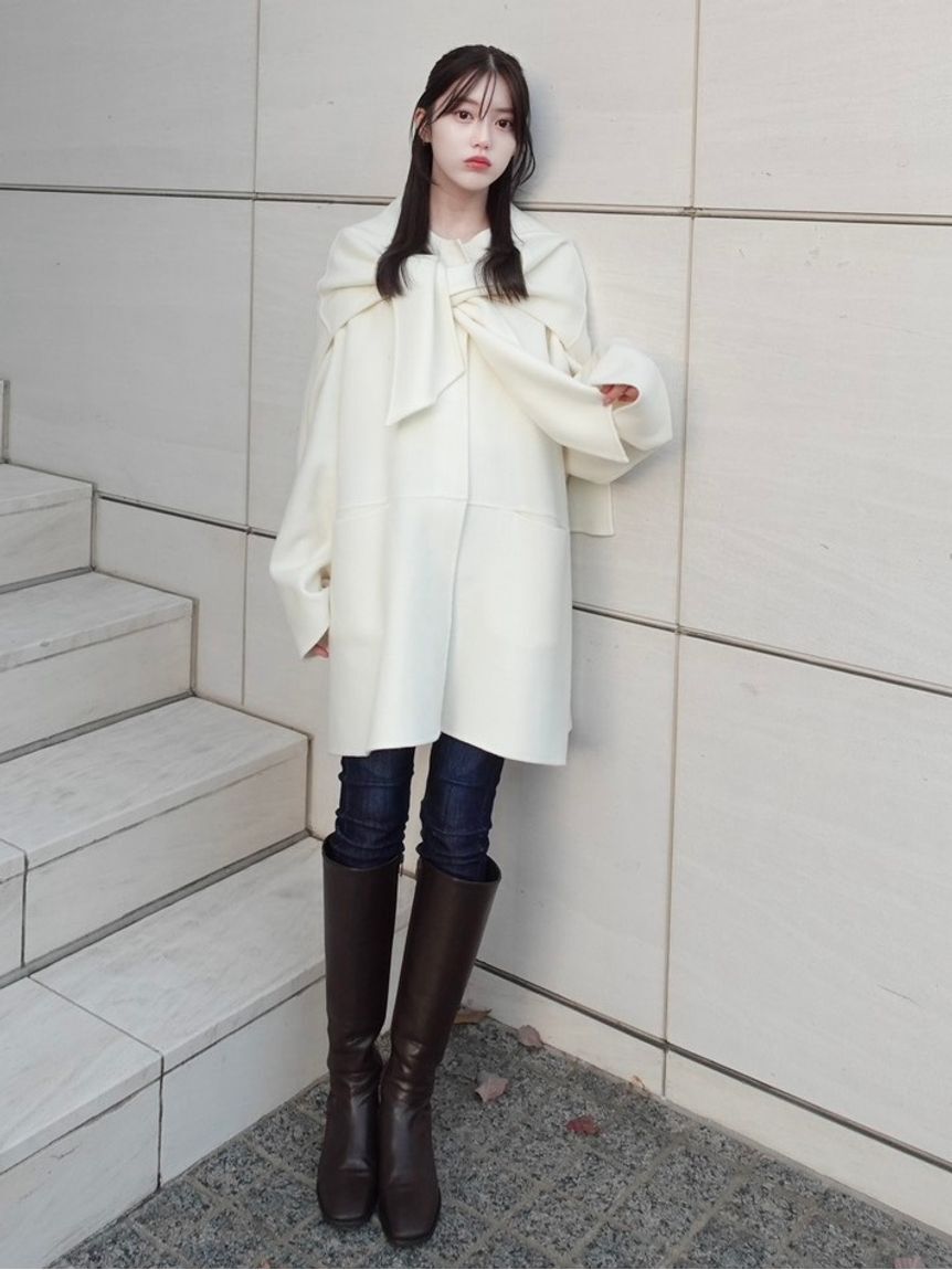 FRAY I.D「マフラー付ノーカラーリバーミドルコート」|ノーカラージャケット|