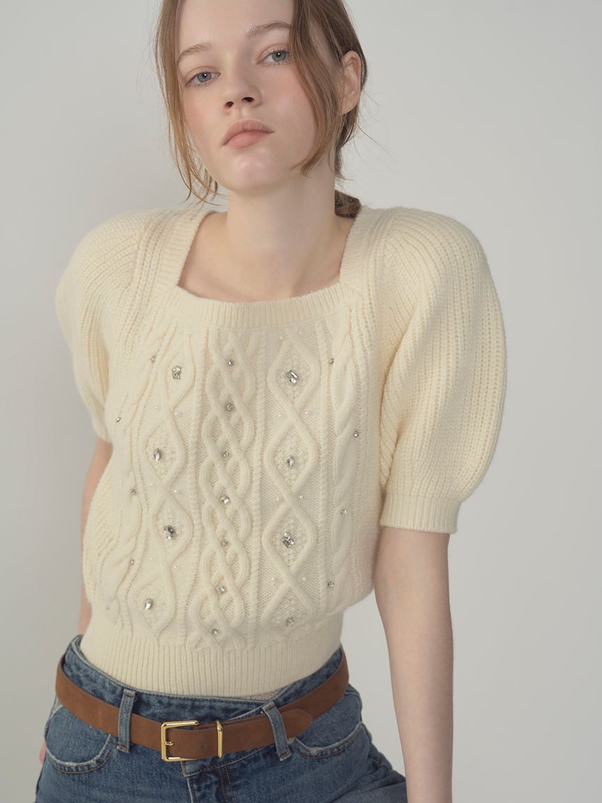 LILY BROWN「【WEB限定カラー】[L.B CANDY STOCK]シフォンリボンビジューニットトップス」|ニット・セーター|