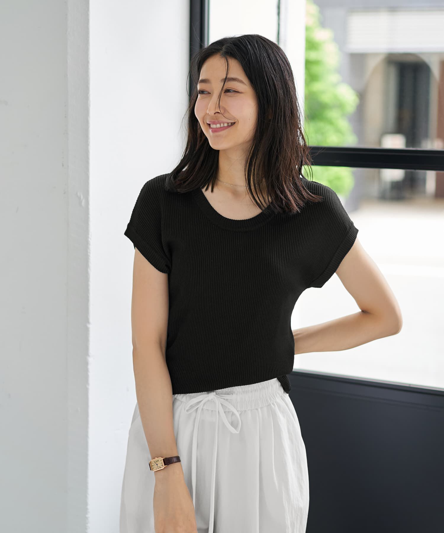 STYLE DELI「シャリ感とろみリブシアーニットトップス」|Tシャツ・カットソー|ブラック