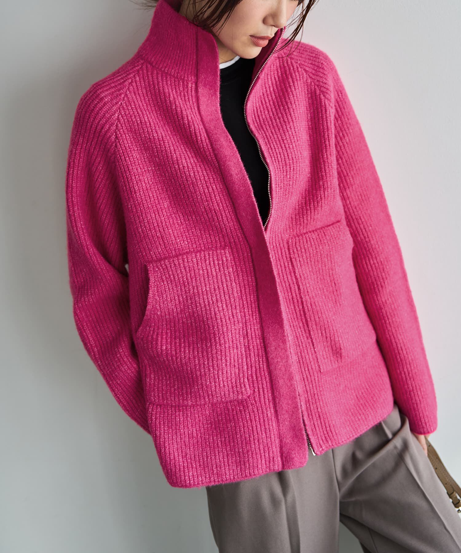 STYLE DELI「ダブルジップスタンドネックニットジャケット」|その他|ピンク