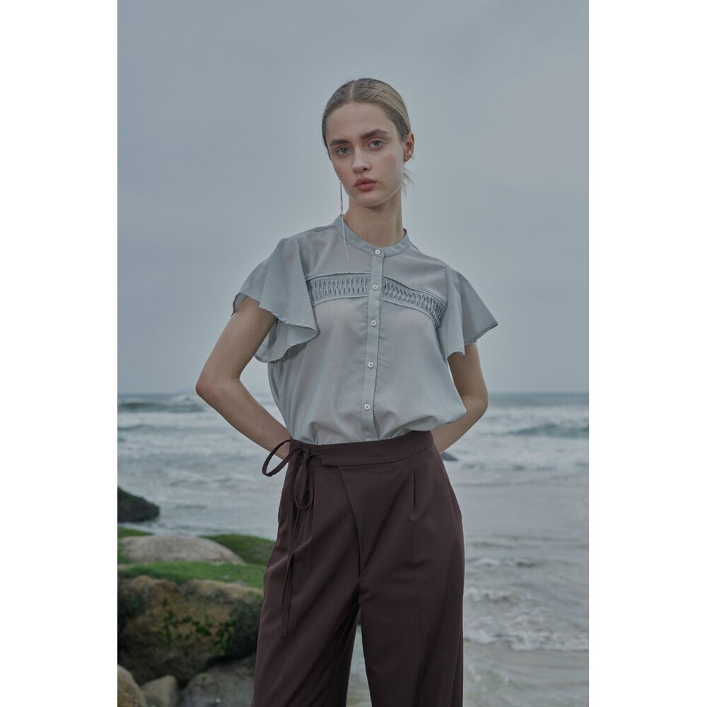 BACKYARD FAMILY「MIND ピンタックブラウス 通販 ブラウス バンドカラーブラウス 半袖 シャツ 前開き」|シャツ・ブラウス|ブルー1