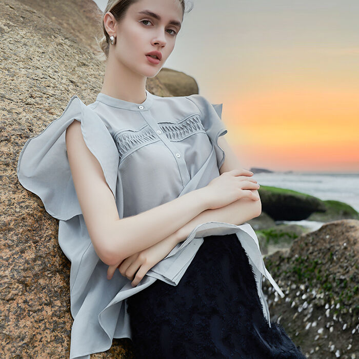 BACKYARD FAMILY「MIND ピンタックブラウス 通販 ブラウス バンドカラーブラウス 半袖 シャツ 前開き」|シャツ・ブラウス|