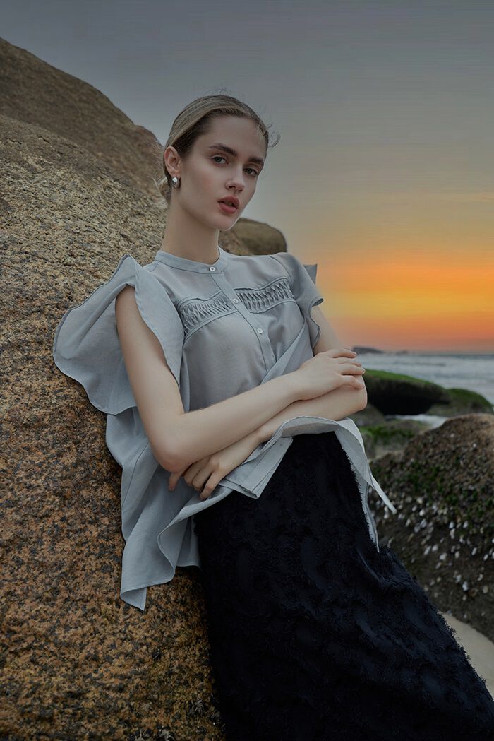 BACKYARD FAMILY「MIND ピンタックブラウス 通販 ブラウス バンドカラーブラウス 半袖 シャツ 前開き」|シャツ・ブラウス|